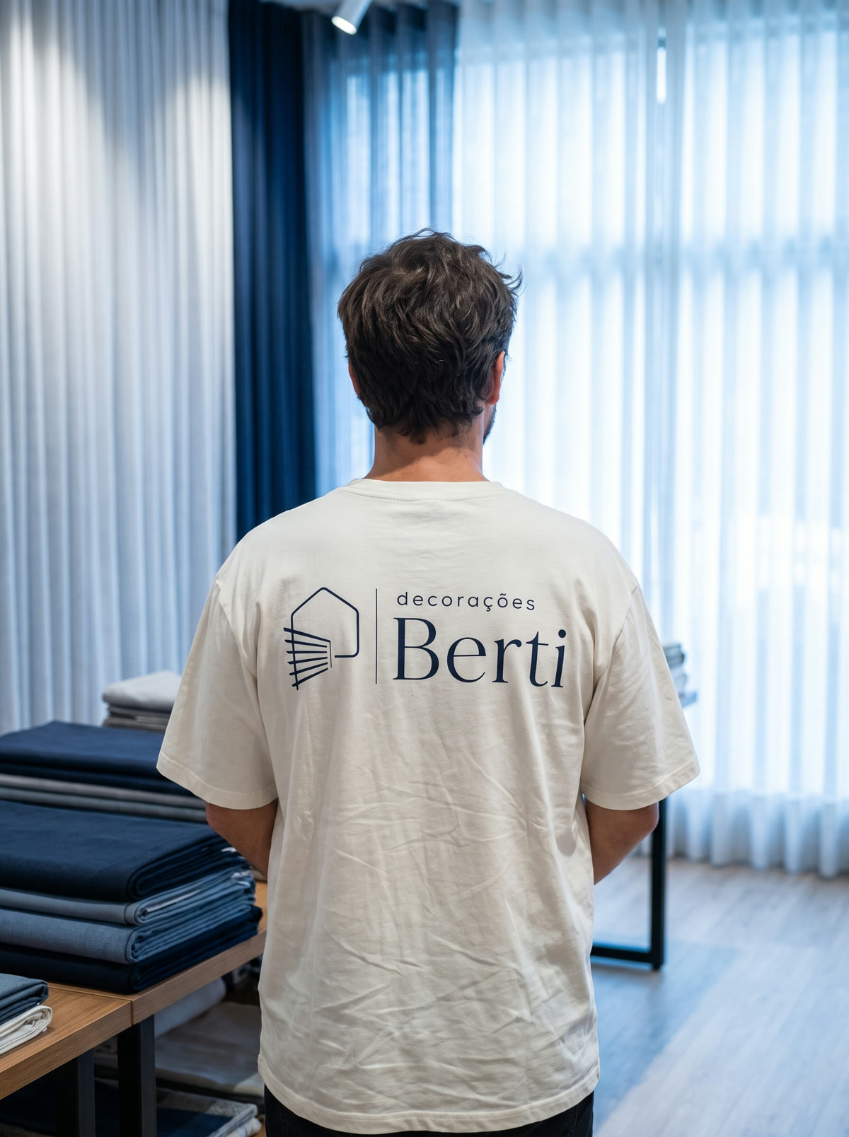 Integrante da equipe Berti de costas, com a camiseta da loja, entre cortinas e tecidos.