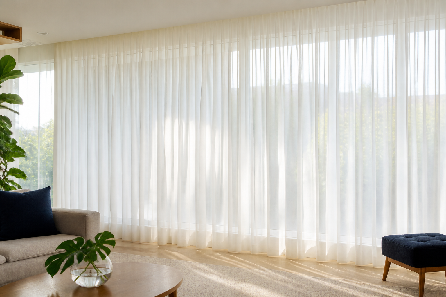 Cortina de voil branca sob medida filtrando a luz natural em sala contemporânea